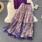 Temperament Two Piece Set Women V-neck Knitted Tops High Waist Gauze Skirts Korean Chic Elegant Suit Femme