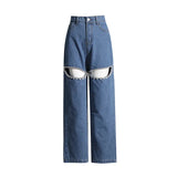 Fongt New Fall 2024 Mid-Waist Straight Tube Long Thigh Hollow-Out Jeans-Outfit