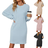 New Round Collar Solid Color Pocket Loose Long-Sleeved Dress Women-Outfit