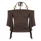 Fongt New Retro Stripe Shoulder Horn Sleeve T-Shirt Hottie Beaded Neck Small Repair Body
