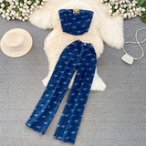 Fongt Suit Female Retro Temperament Breast-Wearing Cowboy Vest Two Sets Of Leisure High-Rise Thin Straight Pants