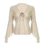 Fongt Cloth Forgets The Ancient Wild Folk Style V Tie With Horn Long-Sleeved Top Knitted Shirt