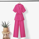 Women Elegant Office Trouser Suits 2PCS Summer Laple Neck Short Sleeve Blazer Top Matching Sets Casual Wide Leg Pant