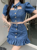 Denim Two Piece Suits Women Sexy Love Pocketshirt Crop Tops Mini Ruffles Skirts Outfits Female Elegant Cowboy 2 Piece Set-Outfit
