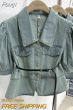 Short Sleeve Denim Shirt Women New Casual Single-Breasted Slim Top with Belt Short Denim