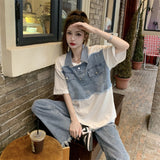 Sleeve T-shirts Women Patchwork All-match Denim Футболка Женский Students Creativity Design Summer Leisure Korean