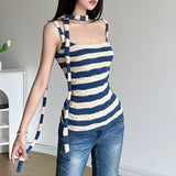 2024 Summer New Women's Pure-Want Wind Collar With Hanging Neck Repair Knitted Striped Long