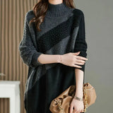 Diamonds Knitted Sweaters Autumn Winter Korean Loose Women's Clothing Long Sleeve Casual Basic Half High Collar Jumpers-Outfit