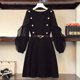 Women 2022 Autumn Fall Elegant Black Dress O Neck Chiffon Long Sleeve Vintage Knee Dresses Office Ladies
