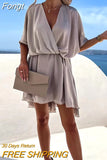 Summer Office Lady V Neck Solid Dress Patchwork Loose Ruffles High Waist Dress Women Casual Short Sleeve Streetwear