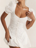 Fongt New Women's White French Sexy Short Dress V Neck Bubble Sleeve Summer Dress