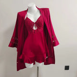 Fongt Pajamas Female Summer Lace Breast Pad Sling Ajaskirt Pajamas Set Bride Red Ice Silk Homewear
