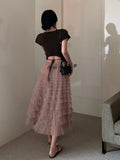 Pink Sweet Midi Skirt Women Korean Style Fluffy Elegant Cake Skirt Female High Waist Ruffle Casual Holiday Skirt