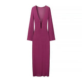 Fongt Women's Explosive Long-Sleeved Knitted Hollow V-Neck Dress