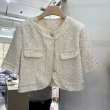 High Quality Korean Tweed Paillette Short Sleeve Jacket Coat Women Korean Fashion Sequin Short Outerwear