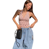 Fongt Summer Women's New Hottie Sexy Black Wave Dot Print Spread Out Back V Collar Hanging Neck Tight Vest