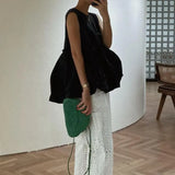 Patchwork Ruffles Blusas Mujer Feminino Open Back Shirts Blouses Round Neck Sleeveless Shirt Tops Japan Clothes Women-Outfit