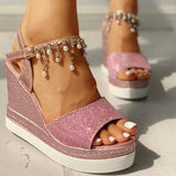 New Women Wedge Sandals Summer Bead Studded Detail Platform Sandals Buckle Strap Peep Toe Thick Bottom Casual Shoes