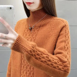 Mock Neck Ribbed Knitted Tops Women Casual Thick Warm Twist Sweaters Korean Basic All Match Bottoming Knitwear