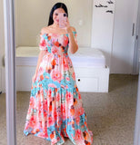 Fongt New Spring And Summer Women's Dress A Word Broken Shoulder Long Printed Fairy