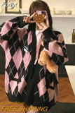 Preppy Style Argyle Knitted Cardigan Women Harajuku Sweet Pink Oversized Sweater Retro V-neck Long Sleeve Knitwear