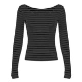 Fongt Cloth Forgets The Oblique Shoulder Stripes Thin Slim Long-Sleeved T-Shirt Sexy Bare Shoulders Simple Thin Casual Top