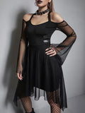 Dark Grunge Punk Black Mesh Mini Dresses Women Mall Gothic Alternative Halter Partywear Flare Sleeve Off Shoulder