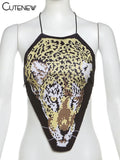Tiger Print Sexy Camisole Women Halter Bandage Backless Irregular Shape Crop Tanks Female Party Holiday Attractive Vests-Outfit