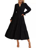 Fongt Autumn Long Dress Long Sleeve V-Neck Layered Lotle Leaves By The A-Line Cocktail Party