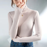 Women Turtleneck Slim Soft Long Sleeve T Shirts Lady Elegant Stretchy Solid Base Undershirts Tees Female Basic T-Shirt Top-Outfit