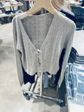 Women Grey Hollow Out Knit Cardigan 2023 Autumn Fashion Ladies V-Neck Sweaters Casual Female Chic Long Sleeve Tops-Outfit