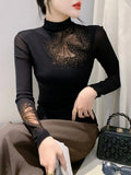 New Half Turtleneck Long Sleeve Diamond Mesh T-shirt Women's Slim Fit Base Black TShirts BH9739-Outfit