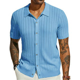 Fongt Men's Casual Knit Shirt Summer New Solid Color Jacket Men's Short Sleeve Lapel Collar Hollow Breathable Men's