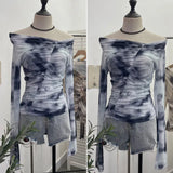 Real Shot Shoulder Tie-Dye Printing Mesh Hooded Design Long-Sleeved Irregular Folding Repair T-Shirt