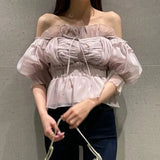 Mesh Bubble Sleeve Blusas Mujer Off-shoulder Shirts Blouses Lace Up Bow Camisas Spring Summer 2024 Tops Tunic Ropa-Outfit