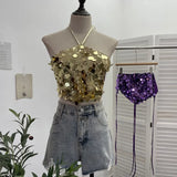 Fongt Industry Bling Bling Glide Hanging Neck Sling Vest One-Style Wrapping Tie With Large Bare Back Blouse 1083