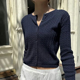 Solid Color Cable Knit Round Neck Cardigan-Outfit