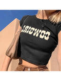 Fongt Women's Ins Wind Spring 2024 New Women's Round Collar Short Tight Letter Print T-Shirt-Outfit