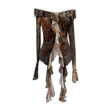 Fongt Shooting Retro Shoulder Tie-Dye Net Horn Long-Sleeved T-Shirt Irregular Lotus Leaf Side Ribbon Y2k Top 8012