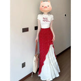 Fongt Shoulder Short-Sleeved T-Shirt Crumm Skirt Suit Women's Summer New High-End Temperament Sweet Two-Set
