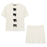 Fongt Homemade New Women's Bow Trim With Short-Sleeved Knit Coat Knitted Miniskirt