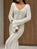 Fongt Women's Fashion Elegant V-Neck Knitted Dress Horny Sleeves Hollowed-Braceed Long Dress