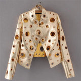 and American Fashion Stand Collar pu Jacket Coat Loose Bright openwork Metal Ring Decoration pu Jackets Coats Black