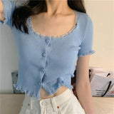 Fongt Retro Girl Soft Lace Collar Knitted Jersey High-Waisted Short-Sleeved T-Shirt