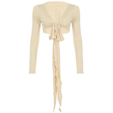 Fongt 2025 New Fashion Spice Girls Solid Color Sexy V Tie With Supple Short-Anxed Long-Sleeved Shirt Coat