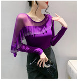 Autumn Ringstones Ruffles Long Sleeve Mesh T-shirt Tee New Female Round Collar Sheath Tops T-shirts for women-Outfit