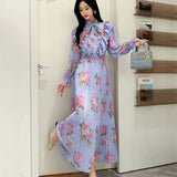 Fongt 2025 New Long-Sleeved Heavyweight Bow Long Print Chiffon Sweet Dress Seaside Holiday