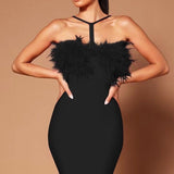 Fongt Hanging Neck Splicing Feather Brated Butt Dress Party Dress Woman