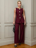 Fongt Women's Fashion Gold Buttoned Vest Trousers Two-Piece Casual Suit Women