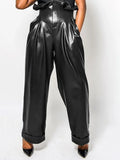 Women PU Leather Pants ZANZEA 2022 Spring Autumn Ruffle High Waist Wide Leg Pants Casual Solid Pleated Pockets